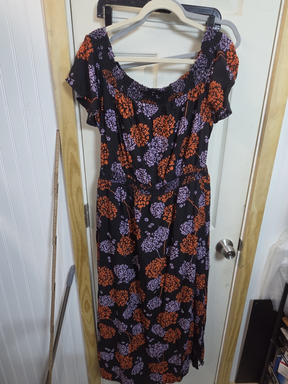 Off Shoulder a.n.a Black Maxi Dress with Orange & Lavender Floral Print #0478